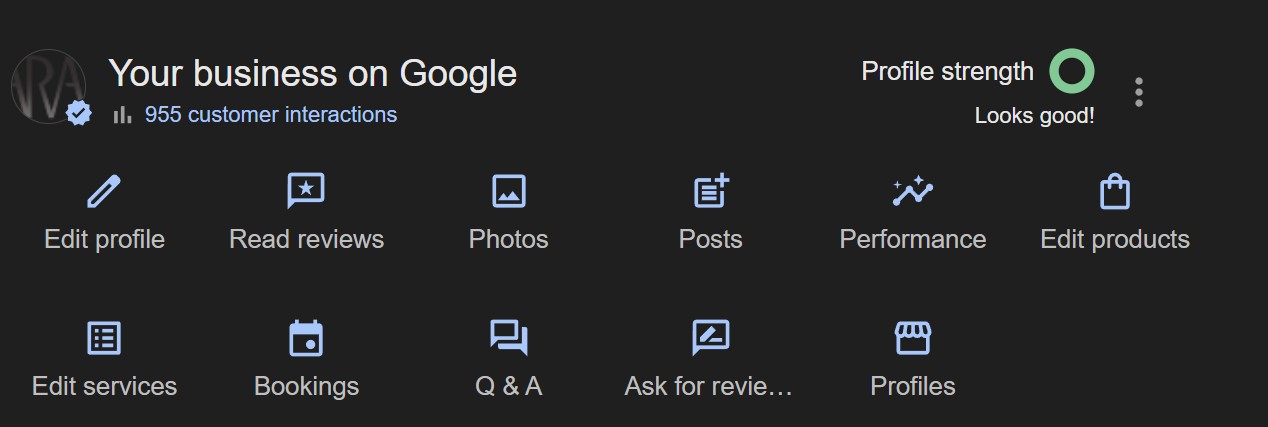 Google Business Profile dashboard showing 955 customer interactions, profile strength indicator, and analytics options including performance metrics and customer engagement data