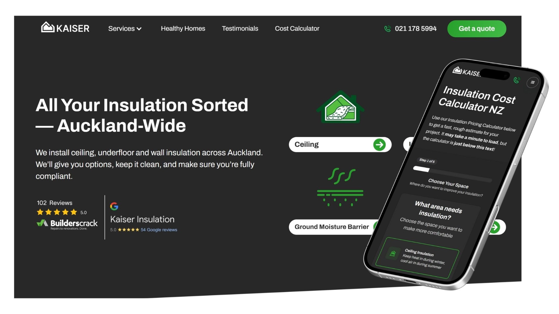 Professional insulation contractor website showing mobile-responsive design with cost calculator, service options for ceiling and underfloor insulation, and customer reviews